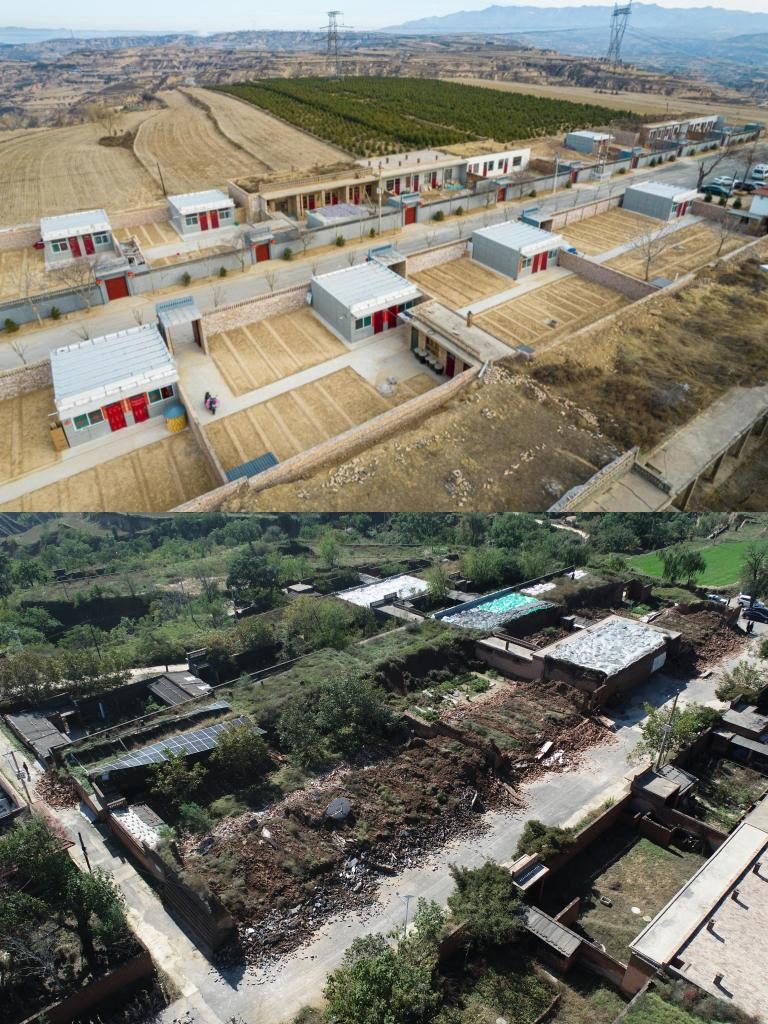 拼版照片，上圖是2022年1月山西省霍州市師莊鄉(xiāng)馮南垣村災(zāi)后恢復(fù)重建后的場(chǎng)景，下圖是2021年10月村莊因?yàn)?zāi)受損的場(chǎng)景。(霍州市委宣傳部供圖)