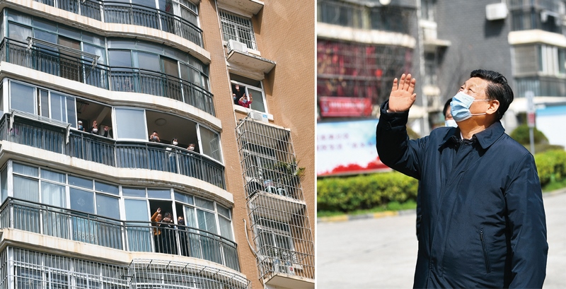 2020年3月10日，習(xí)近平專門赴湖北省武漢市考察新冠肺炎疫情防控工作。這是習(xí)近平在東湖新城社區(qū)考察時，向在家隔離居住的居民揮手致意、表示慰問（拼版照片）