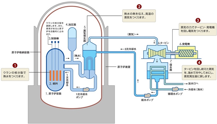核電站運(yùn)作原理圖。通常的核電站排水未直接接觸核燃料。（圖片來源：日本北海道電力株式會(huì)社網(wǎng)站）