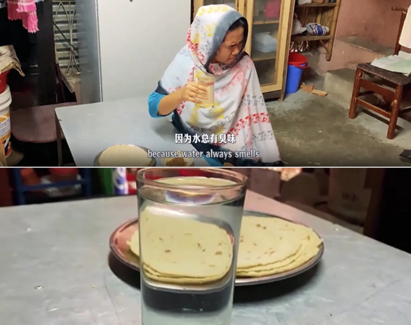 圖為紀實短片截圖：上圖為水質(zhì)未改善前，飲用水發(fā)黃渾濁；下圖為水廠建成后，飲用水水質(zhì)明顯改善，清澈透明。