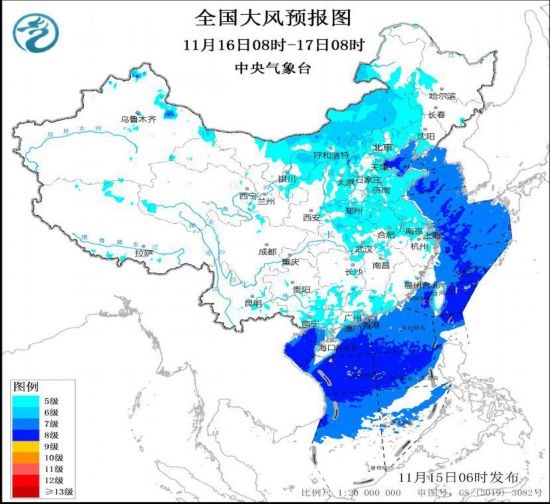  全國大風預(yù)報圖(11月16日08時-17日08時)