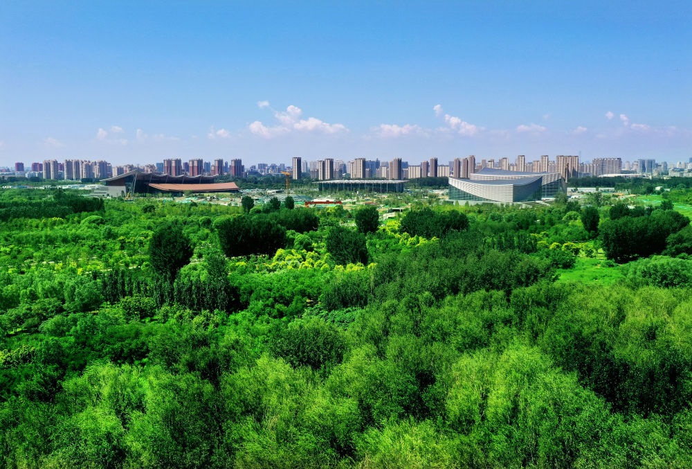 北京東方化工廠舊址建成的綠心公園草木蔥蘢。（馬文曉 攝）