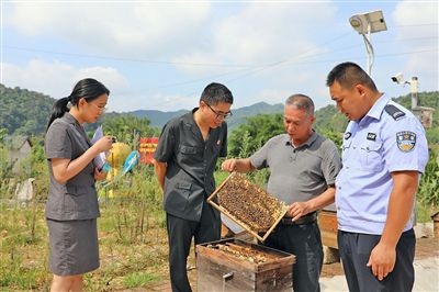  圖②：蒙山法院黃村法庭法官深入蜂蜜合作社，實(shí)地了解蜂農(nóng)需求。