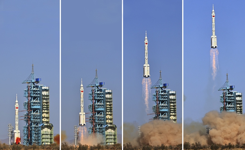 2023年10月26日，神舟十七號(hào)載人飛船發(fā)射升空過(guò)程（拼版照片）