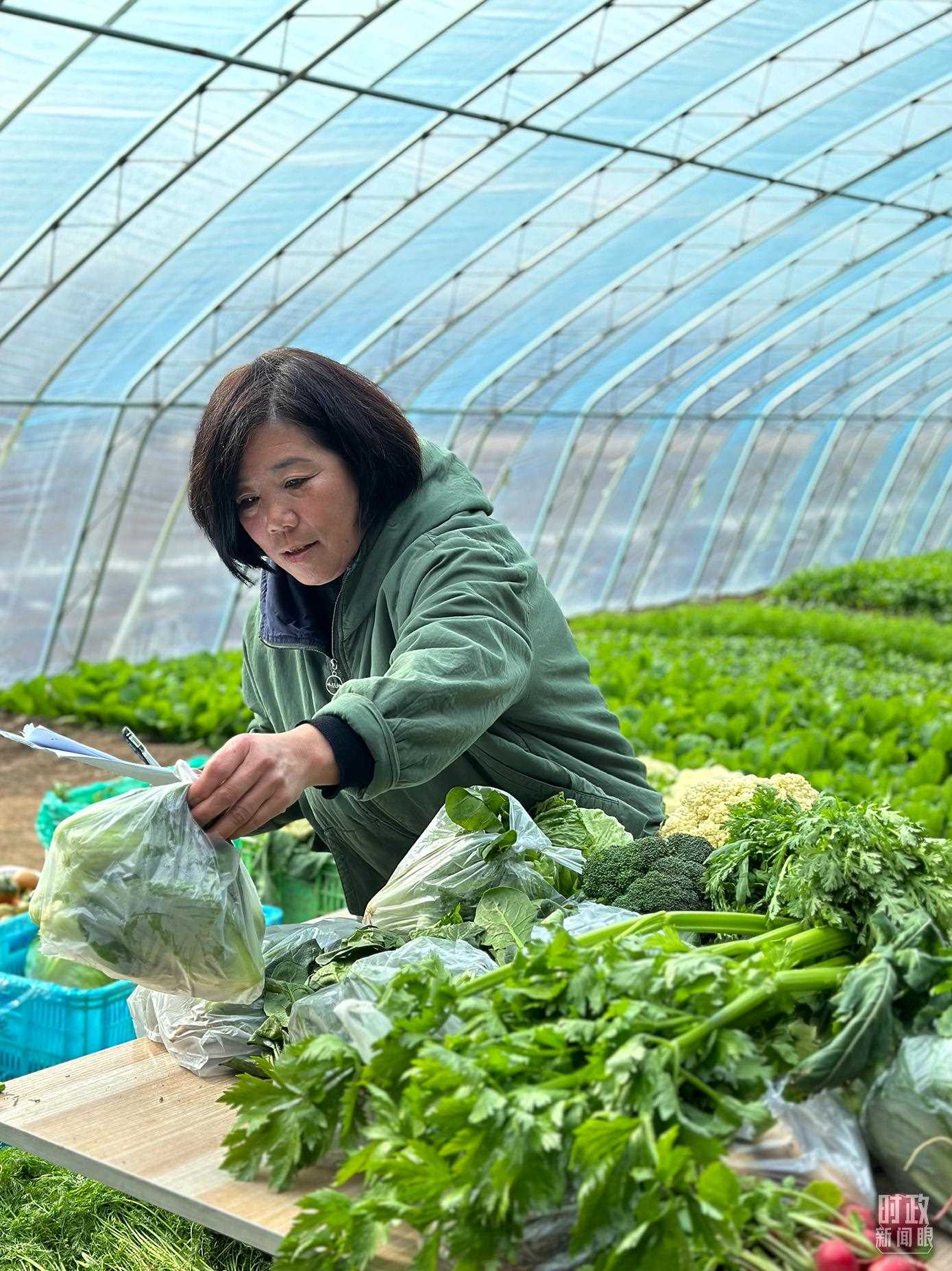 △第六埠村村民正在打包分裝蔬菜。（總臺(tái)央視記者盧心雨拍攝）