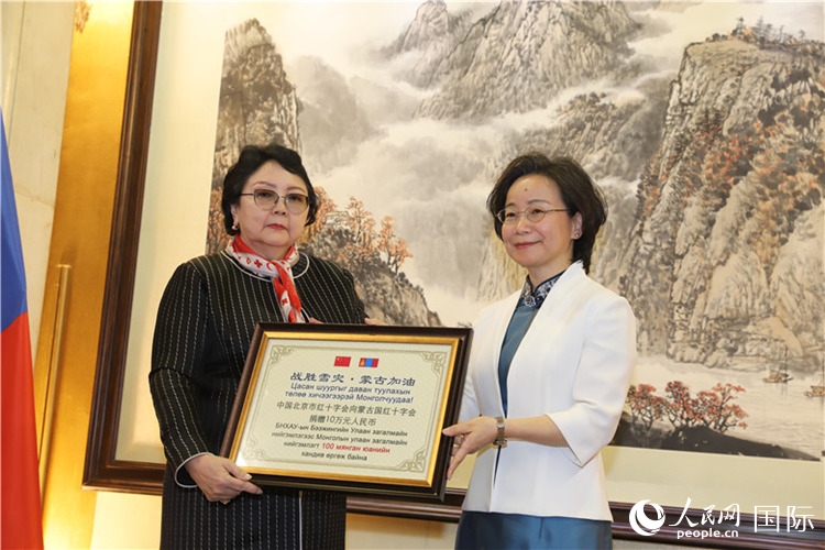 沈大使向?qū)殑跔柆敚ㄗ螅┟貢?shū)長(zhǎng)轉(zhuǎn)交捐款。人民網(wǎng)記者 霍文攝
