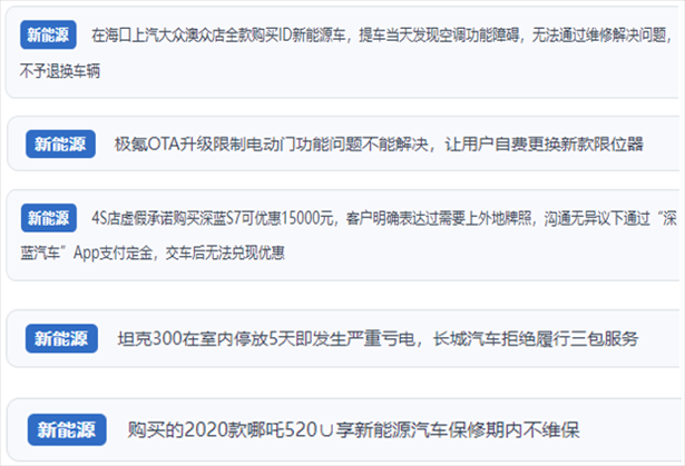 “人民投訴”用戶吐槽新能源汽車功能障礙多發(fā)、升級后配套服務(wù)跟不上、虛假優(yōu)惠、保修期內(nèi)不維保的問題。（“人民投訴”平臺截圖）
