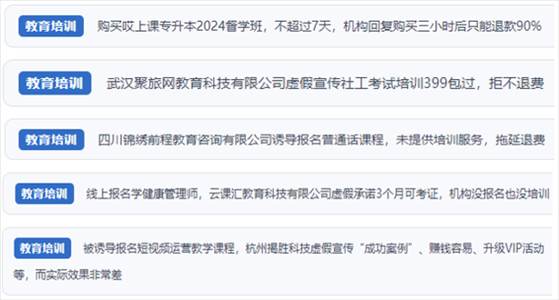 “人民投訴”用戶舉報機構(gòu)虛假宣傳包過包拿證、虛假承諾收益效果、課程服務(wù)貨不對板、退款難等在線教培亂象。（“人民投訴”平臺截圖）