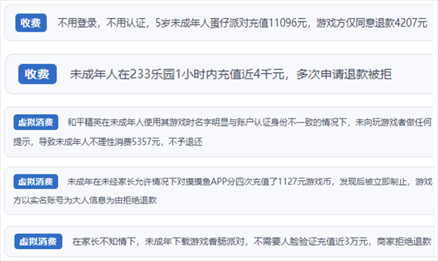 “人民投訴”用戶舉報身份認證成擺設(shè)、大額充值無提醒、提供證據(jù)被駁回、商家設(shè)置退款障礙等未成年人網(wǎng)游消費亂象。（“人民投訴”平臺截圖）