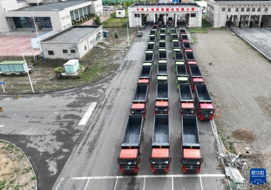 7月2日，車輛在巴克圖口岸辦理通關手續(xù)（無人機照片）。新華社發(fā)（馬丁 攝）
