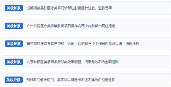 網(wǎng)友涉及醫(yī)美機(jī)構(gòu)虛假宣傳、誘導(dǎo)消費(fèi)、致傷客戶、違約不退費(fèi)等消費(fèi)侵權(quán)的相關(guān)投訴。（“人民投訴”用戶投訴截圖）