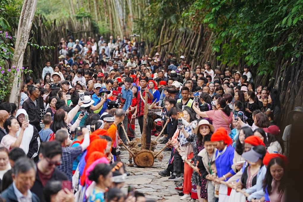 5月3日，各地游客在滄源縣翁丁村和村民一起參加佤族傳統(tǒng)民俗拉木鼓活動。（滄源縣融媒體中心供圖）