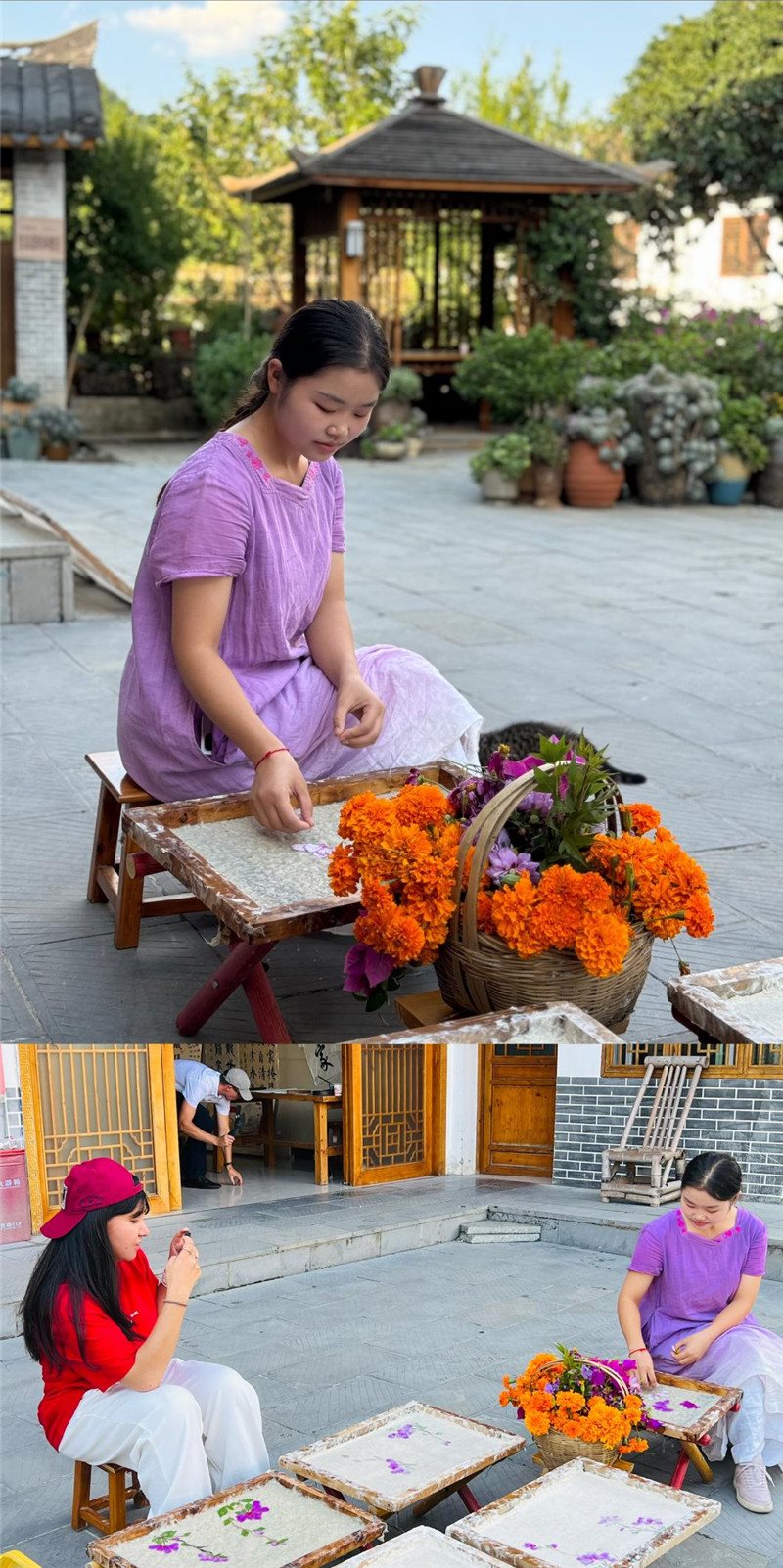 沒有女生不愛花。以古法造紙技藝為基礎(chǔ)，再輔以花草枝葉勾勒各式圖案，創(chuàng)作出花茂村獨(dú)具特色的紙漿壓花畫，少女手中的花是她眼中的風(fēng)景，而她與正在制作的紙漿壓花畫也是別人眼中的風(fēng)景。（哈薩克斯坦BAQ通訊社高級(jí)記者古爾詹·拉曼庫(kù)洛娃、張亞欣攝）