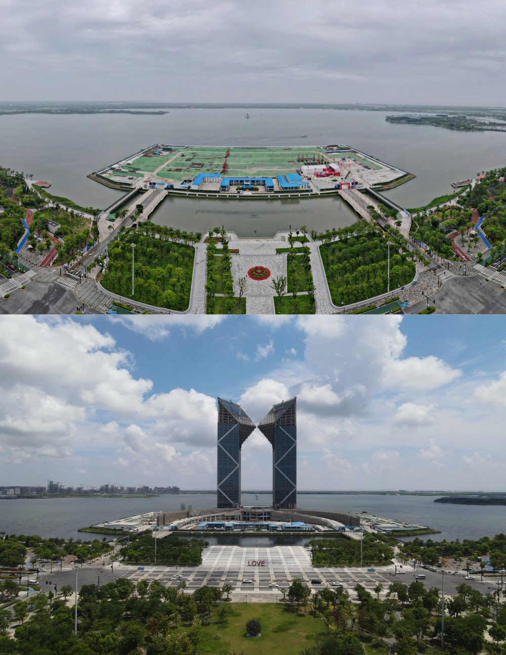 拼版照片：空中俯瞰中國（上海）自由貿(mào)易試驗(yàn)區(qū)臨港新片區(qū)滴水湖西島中銀金融中心項(xiàng)目現(xiàn)場（上圖為2021年6月20日攝，無人機(jī)照片；下圖為2024年8月14日攝，無人機(jī)照片）。2019年8月20日，臨港新片區(qū)揭牌成立，一個(gè)開放新高地在長江與東海交匯處日益崛起。