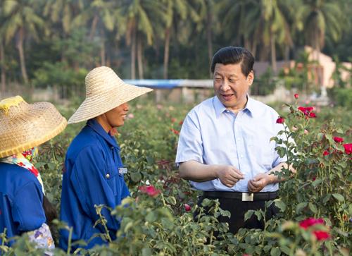 △2013年4月9日，習(xí)近平總書記在海南亞龍灣蘭德玫瑰風(fēng)情產(chǎn)業(yè)園向花農(nóng)了解玫瑰種植管理技術(shù)。